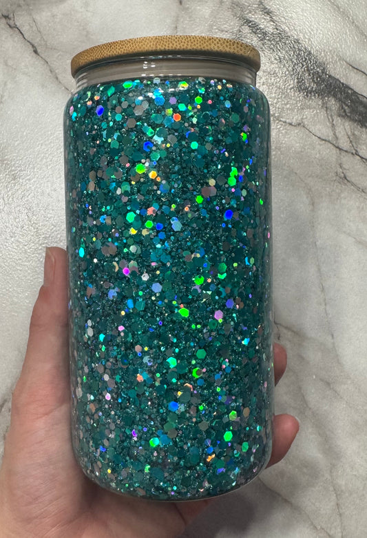 Teal Chunky Glitter 16oz Glass