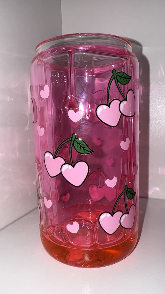 Pink drip heart cherries 16oz glass